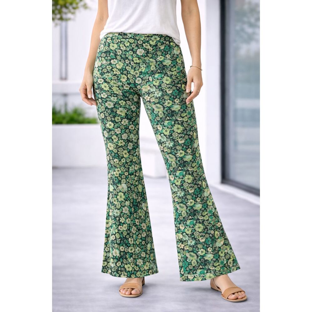 Wide Leg Flare Pants Green Floral S